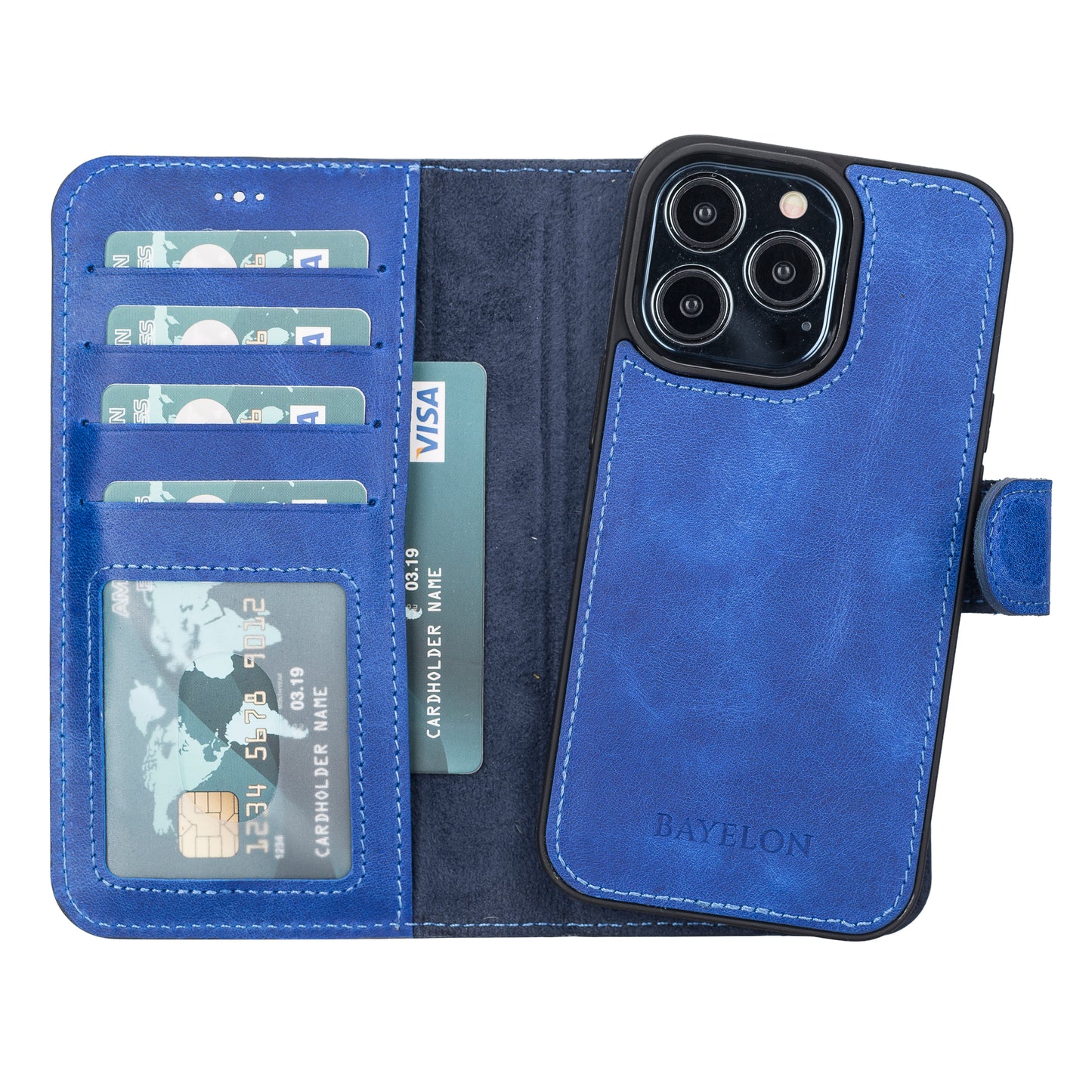 Bayelon iPhone 13 Pro Leather Wallet Case with Kickstand #color_ Ocean Blue