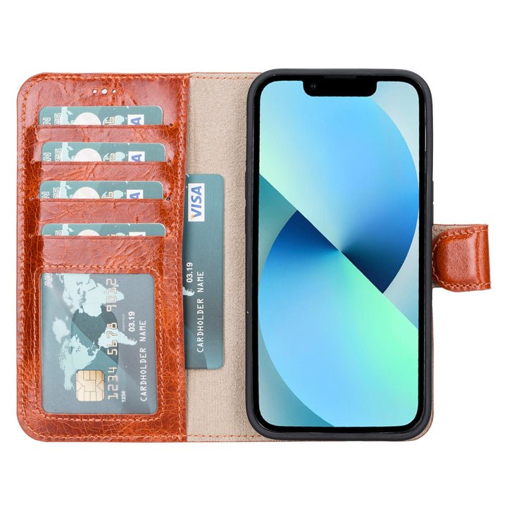 iPhone 13 Pro Compatible Detachable Full Grain Leather Wallet Case with Kickstand Feature Bayelon