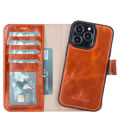 Bayelon iPhone 13 Pro Leather Wallet Case with Kickstand #color_ Dark Orange