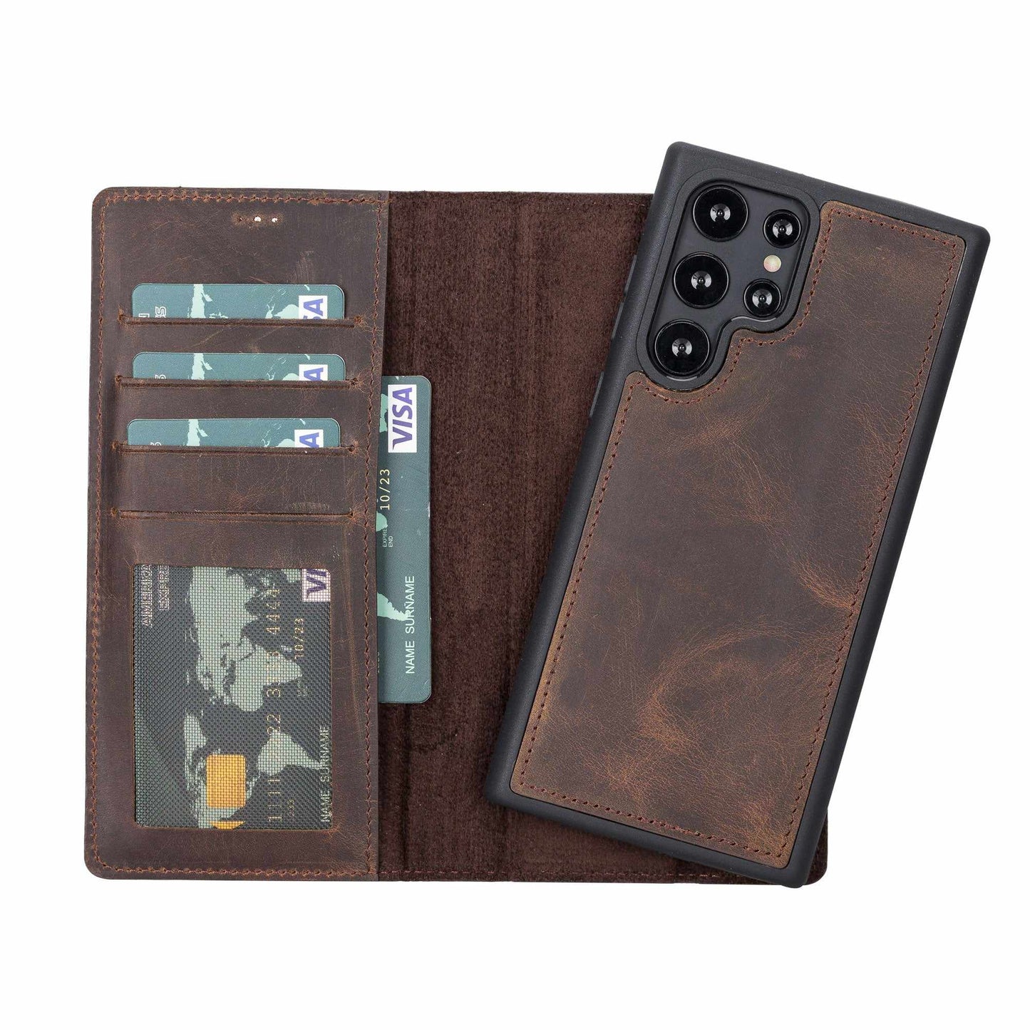 Bayelon Detachable Leather Wallet Case #color_ Samsung Galaxy S22 Ultra Dark Brown