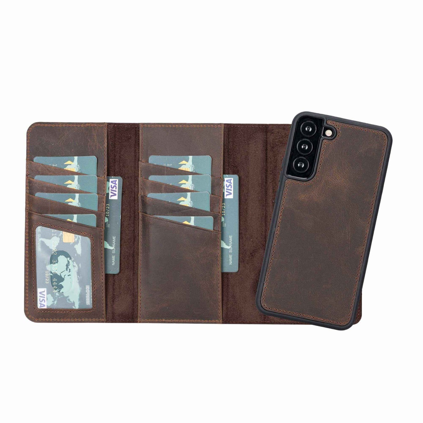 Bayelon Trifold Leather Wallet Case #color_ Dark Brown Samsung Galaxy S22 Plus