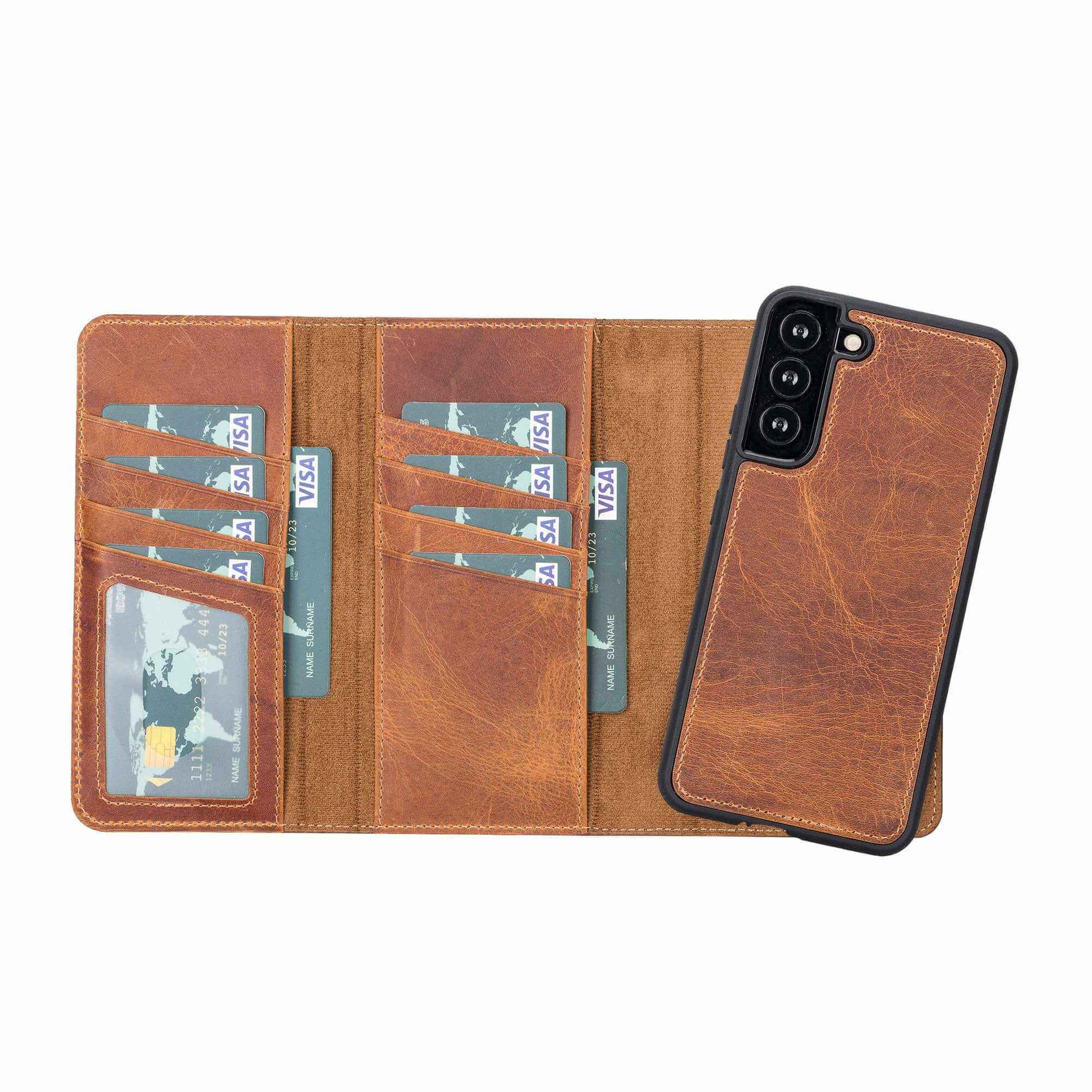 Bayelon Trifold Leather Wallet Case #color_ Antique Camel Samsung Galaxy S22 Plus