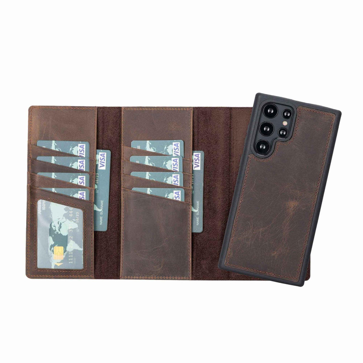 Bayelon Trifold Leather Wallet Case #color_ Dark Brown Samsung Galaxy S22 Ultra