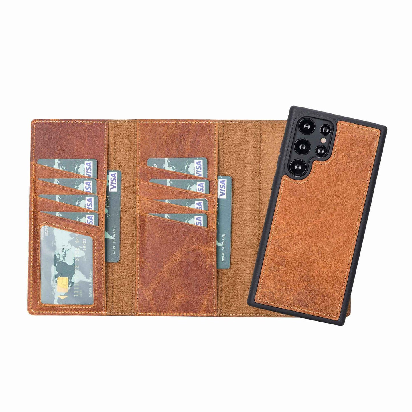 Bayelon Trifold Leather Wallet Case #color_ Antique Camel Samsung Galaxy S22 Ultra