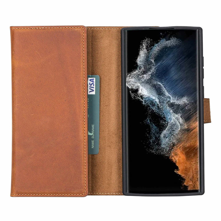 Trifold Full Grain Leather Wallet Case for Samsung Galaxy S22 / S22 Plus / S22 Ultra Bayelon