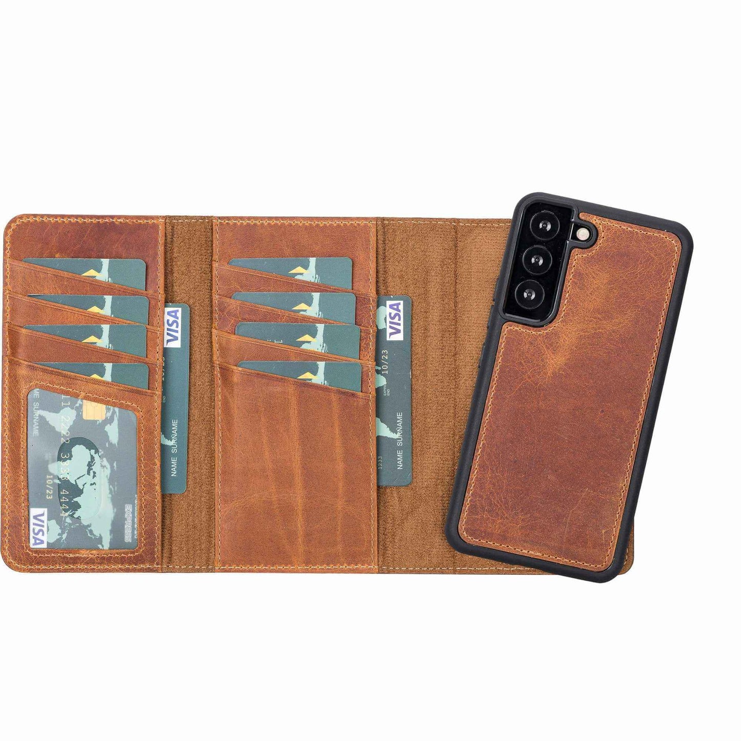 Bayelon Trifold Leather Wallet Case #color_ Antique Camel Samsung Galaxy S22