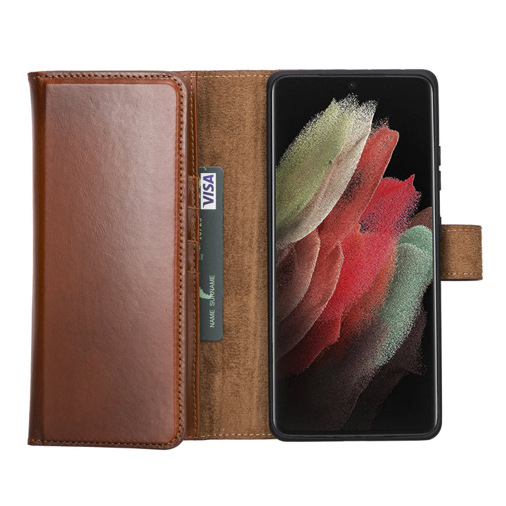 Trifold Full Grain Leather Wallet Case for Samsung Galaxy S21 Ultra Bayelon