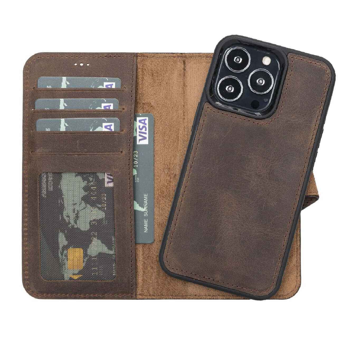 Bayelon iPhone 13 Pro Leather Wallet Case with Kickstand Dark Brown