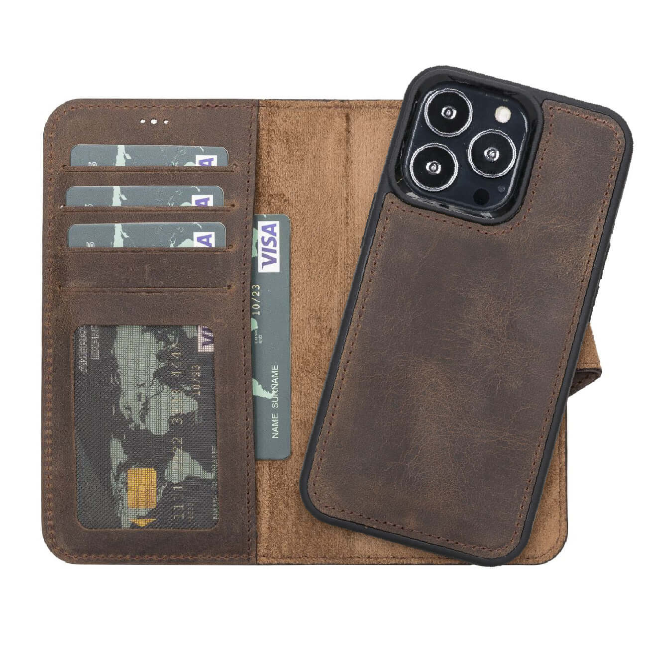 Bayelon iPhone 13 Pro Leather Wallet Case with Kickstand #color_ Dark Brown