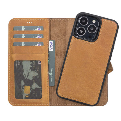 Bayelon iPhone 13 Pro Leather Wallet Case with Kickstand #color_ Antique Camel