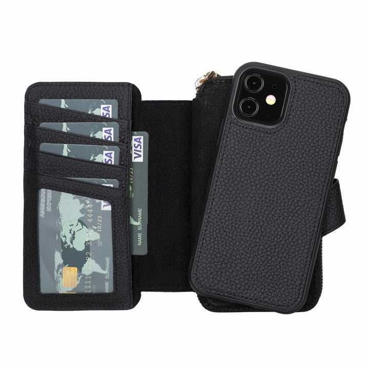 iPhone 12-12 Pro Zipper Full Grain Leather Wallet Case Purse with Phone Holster Bayelon