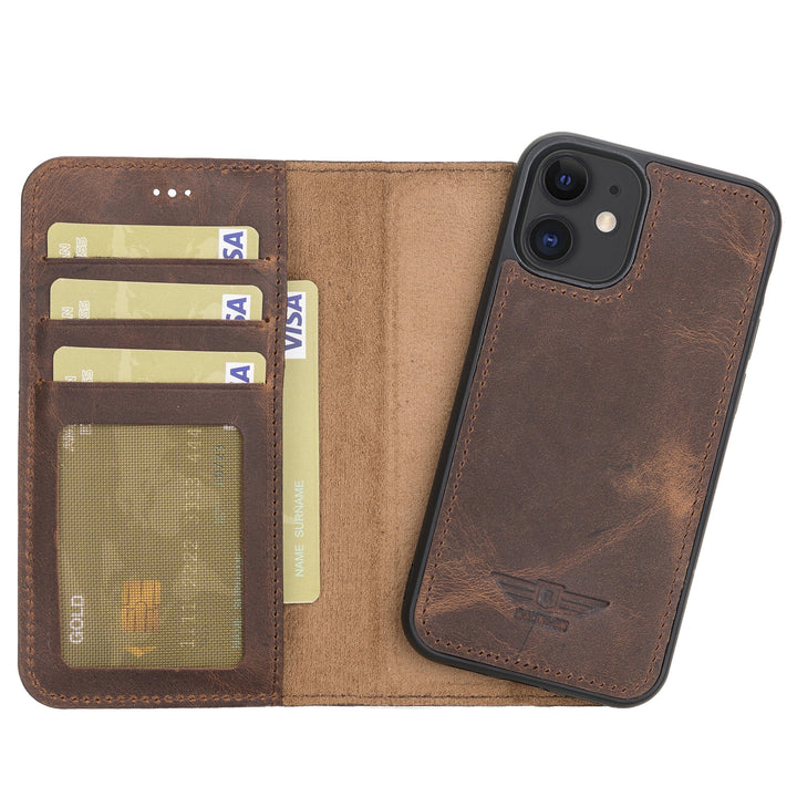 iPhone 12 Mini 5.4" Leather Magnetic Detachable Wallet Case Antique Brown