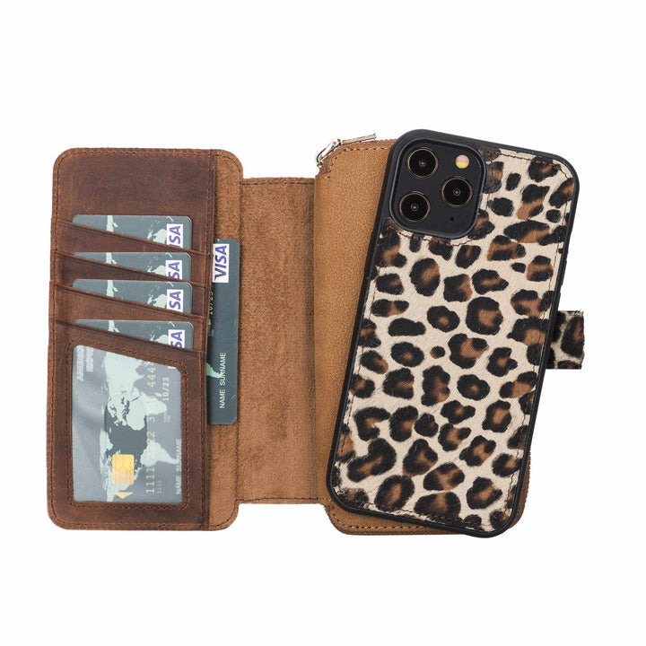 iPhone 12 Pro Max Zipper Full Grain Leather Wallet Case Purse with Phone Holster Bayelon