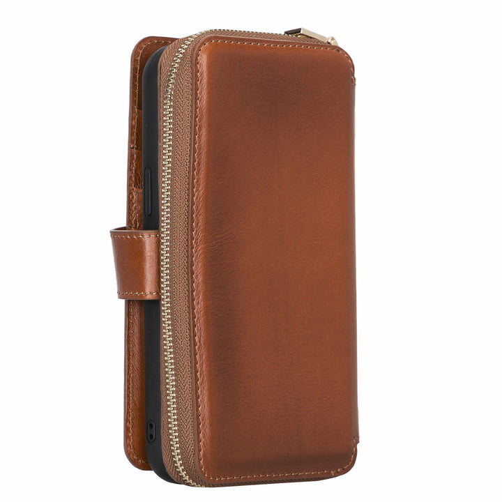 iPhone 12 Pro Max Zipper Full Grain Leather Wallet Case Purse with Phone Holster Bayelon