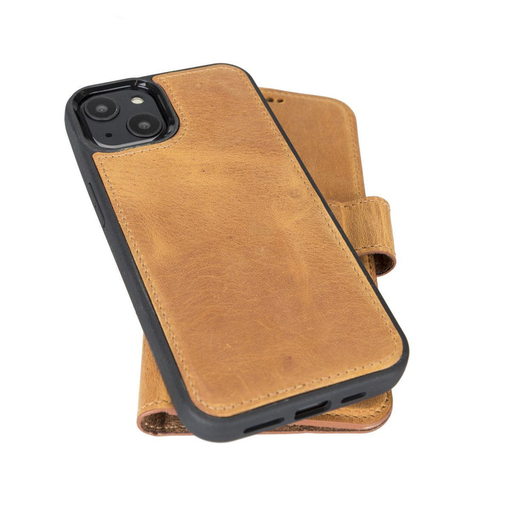 Personalized iPhone 13 Compatible Detachable Full Grain Leather Wallet Case with Kickstand Feature Bayelon