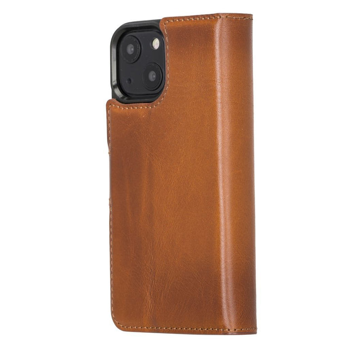 Personalized iPhone 13 Mini Compatible Detachable Full Grain Leather Wallet Case with Kickstand Feature Bayelon